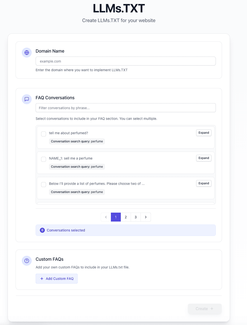 AISO's llms.txt creation interface showing domain setup, FAQ conversations, and custom FAQ options