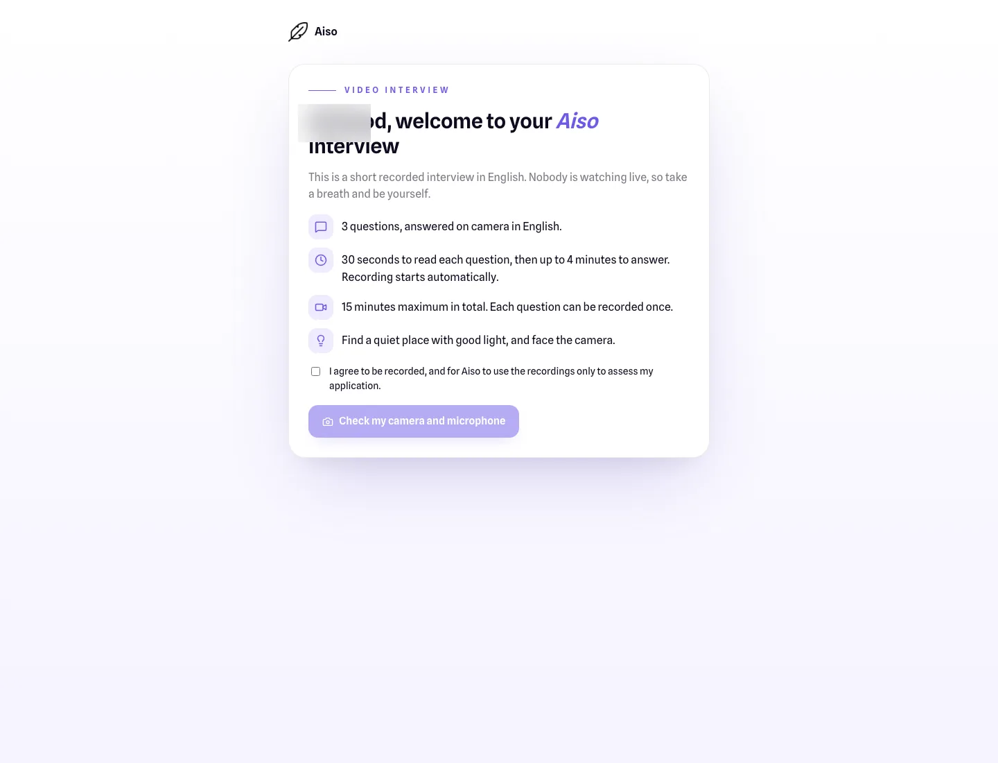 Aiso short recorded interview tool showing three questions and a 15 minute limit