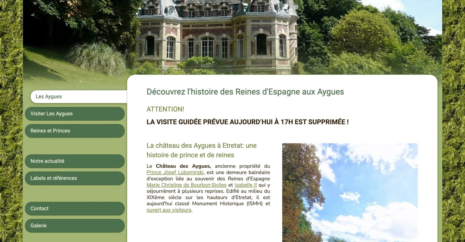 Château des Aygues homepage on the legacy site builder
