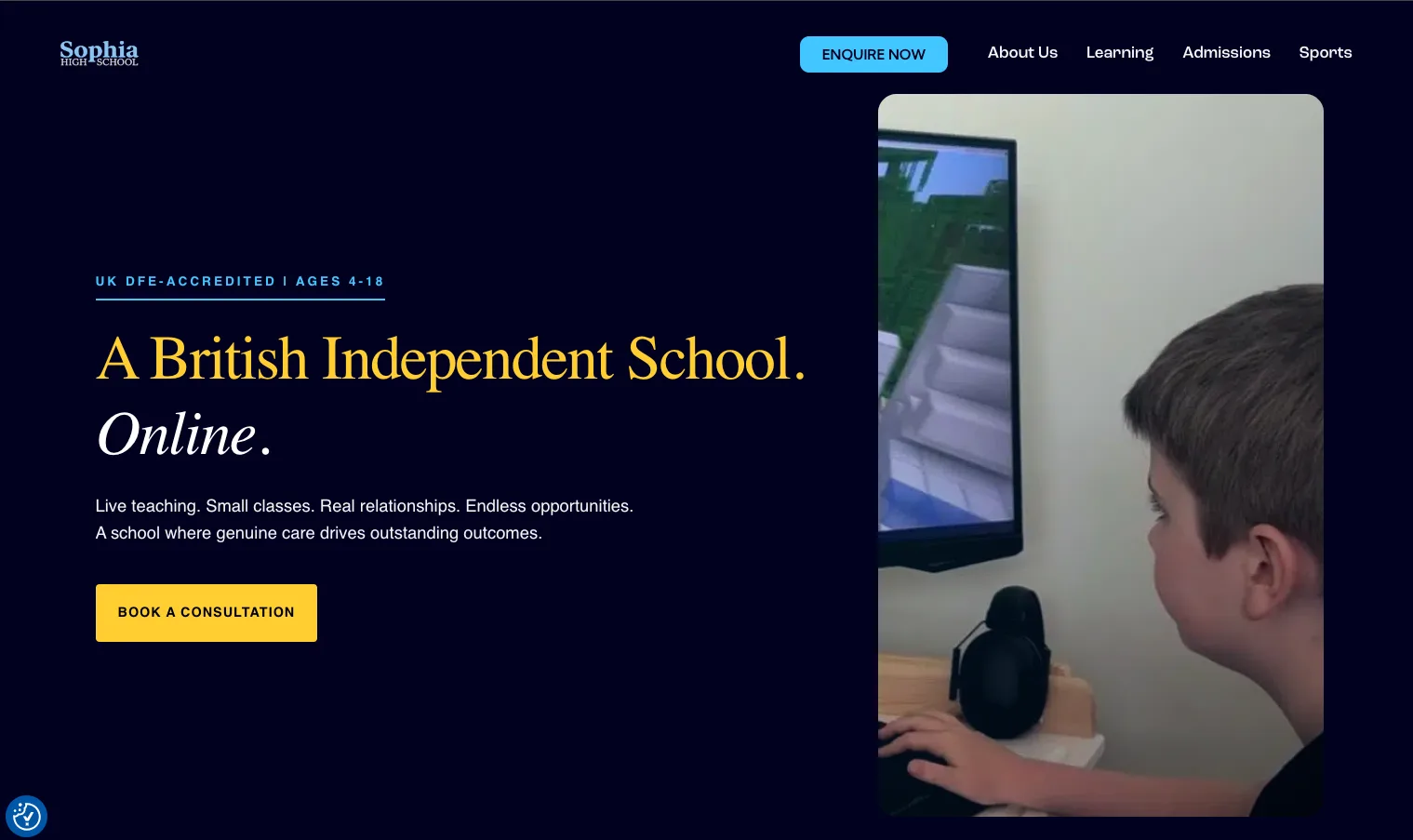 Sophia online school homepage as it is live today