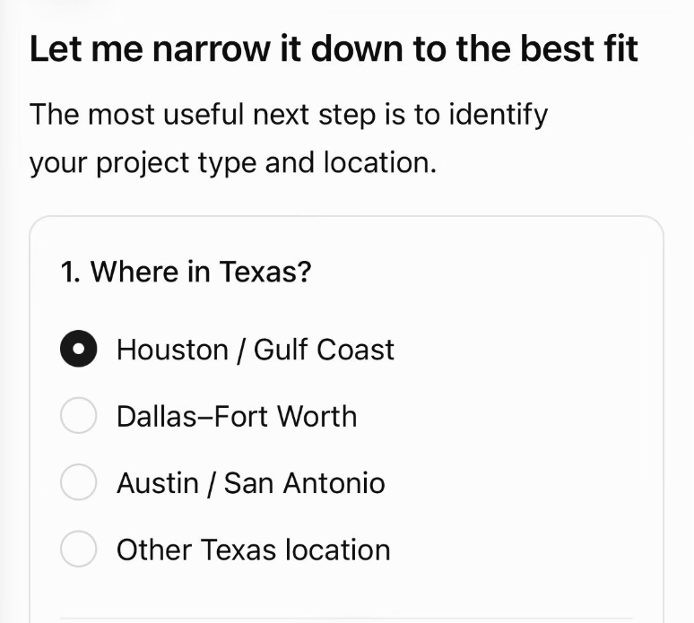 ChatGPT form titled Let me narrow it down to the best fit, asking Where in Texas with four location options