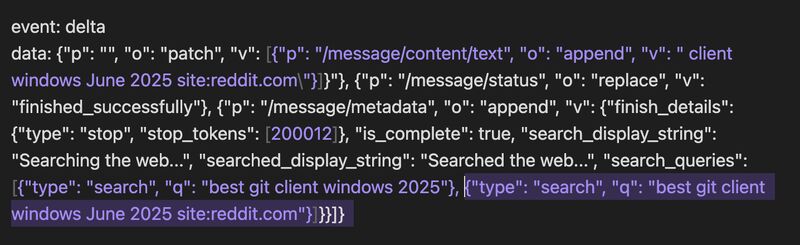 ChatGPT search logs showing site:reddit.com queries - evidence of AI using Reddit-specific search operators