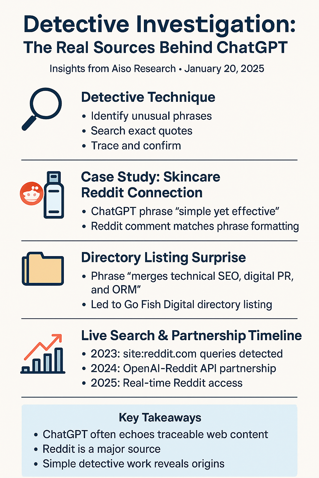 Detective Investigation: The Real Sources Behind ChatGPT - Infographic summarizing key findings including detective techniques, case studies, and timeline